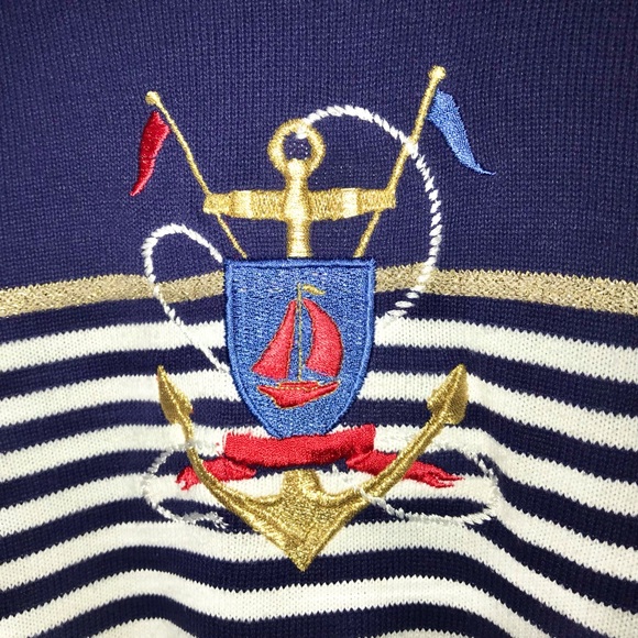 Vintage Southern Lady White & Blue Nautical Anchor Stripe Short Sleeve Knit Top - Picture 3 of 7